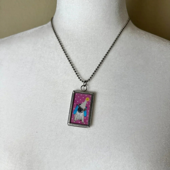Pug in Hat Silver Frame Necklace Pendant Charm Beaded Chain - Picture 8 of 8